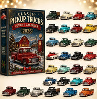 Doos met rode pick-up in sneeuwlandschap en rechts 24 klassieke miniatuur pick-ups in uiteenlopende kleuren 10