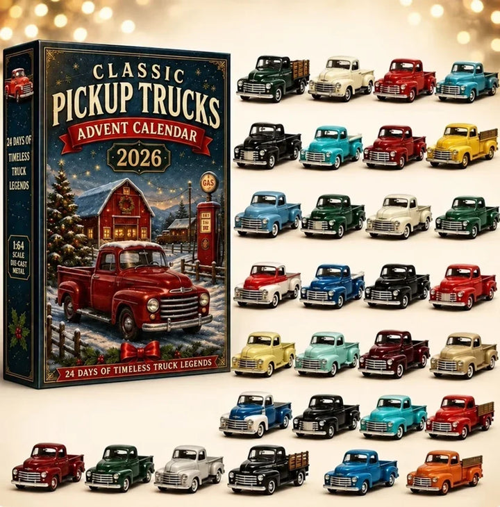 Doos met rode pick-up in sneeuwlandschap en rechts 24 klassieke miniatuur pick-ups in uiteenlopende kleuren 10