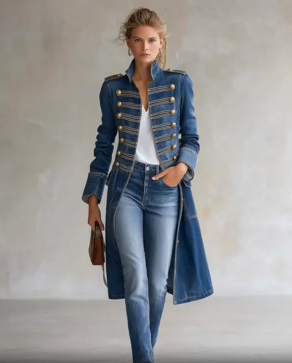 Voorkant van de blauwe denimjas met gouden knopen en galon, gedragen met wit shirt en jeans tegen een grijze muur. 4