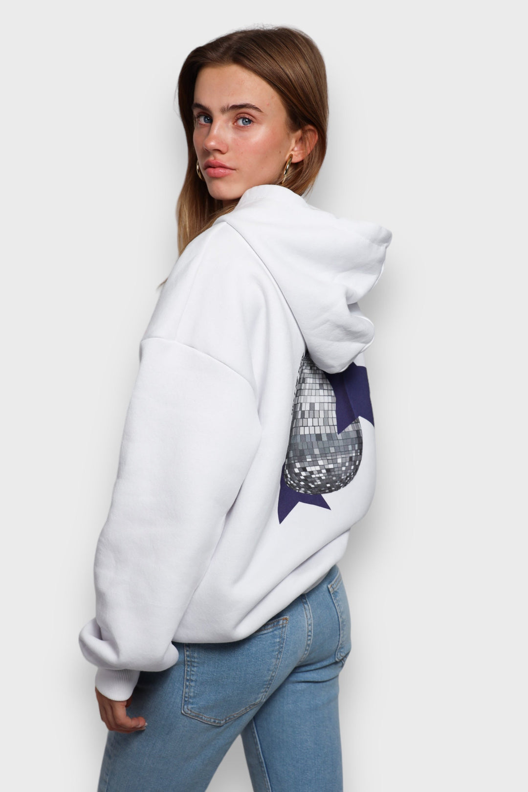 Weißer Damen-Hoodie mit Discokugel-Print - BellaShine