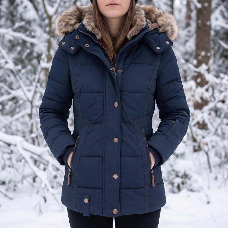 Vrouw draagt de donkerblauwe gewatteerde parka met bonten capuchon in een besneeuwd bos, handen in de zakken 1