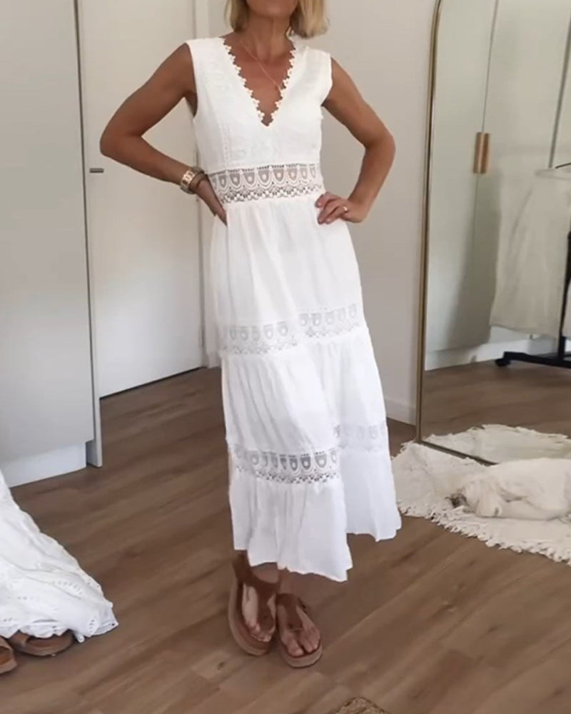Weißes Spitzen-Midikleid mit V-Ausschnitt - Celina