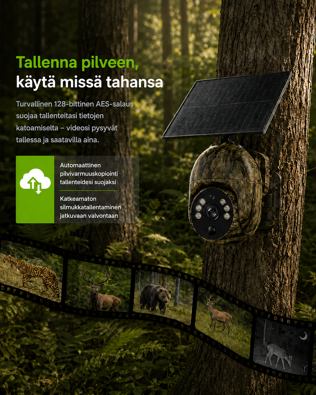 Camouflagecamera met zonnepaneel aan een boom in het bos, met een filmstrip van opgenomen dieren als hert, beer en luipaard. 8