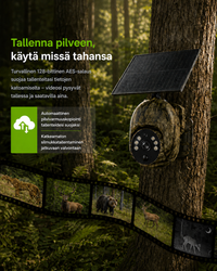 Camouflagecamera met zonnepaneel aan een boom in het bos, met een filmstrip van opgenomen dieren als hert, beer en luipaard. 8