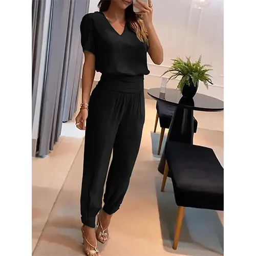 Trendiger Damen-Jumpsuit mit kurzen Ärmeln und weitem Bein - Alina