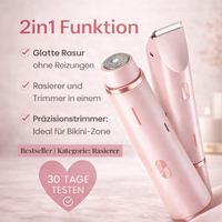 Roze scheerkop en trimkop schuin naast elkaar, met een lijst voordelen van de 2-in-1 functie en een hartvormig label. 6