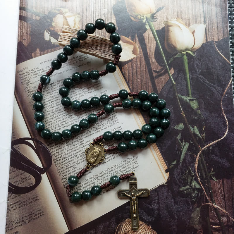 Moosachat Heilige Medaillon Kreuz Anhänger Rosenkranz Halskette - Celeste