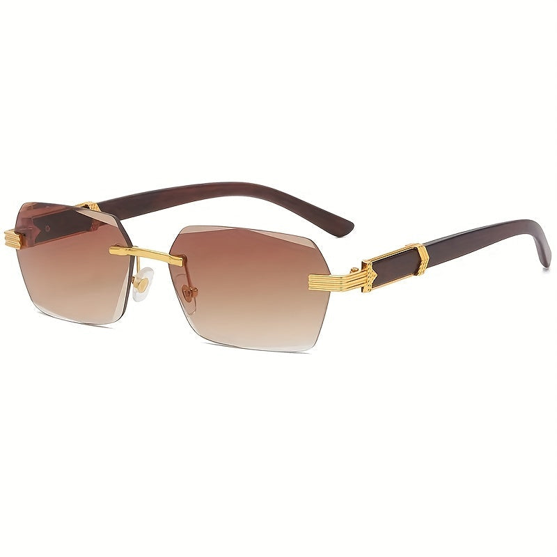 Randlose Sonnenbrille mit Rechteckigen Gläsern und Holzoptik-Bügeln – Verro