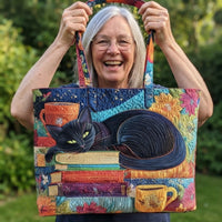 Lachende vrouw met grijs haar houdt de draagtas aan de hengsels omhoog, zodat de voorkant met kat, boeken en bloemen zichtbaar is. 2