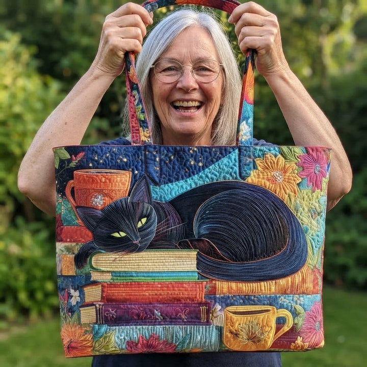 Lachende vrouw met grijs haar houdt de draagtas aan de hengsels omhoog, zodat de voorkant met kat, boeken en bloemen zichtbaar is. 2
