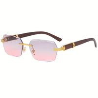 Randlose Sonnenbrille mit Rechteckigen Gläsern und Holzoptik-Bügeln – Verro