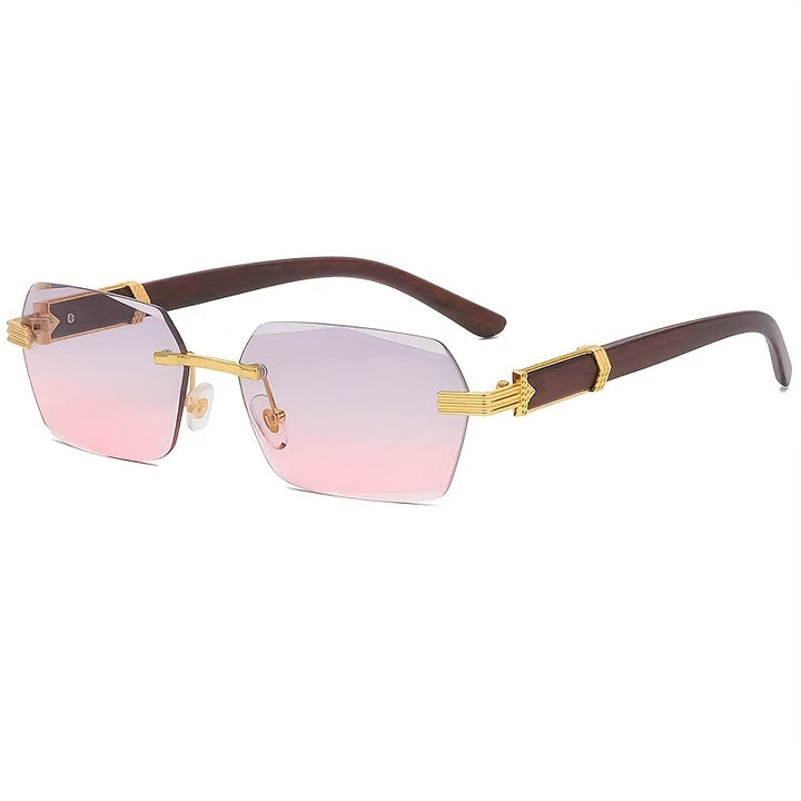 Randlose Sonnenbrille mit Rechteckigen Gläsern und Holzoptik-Bügeln – Verro