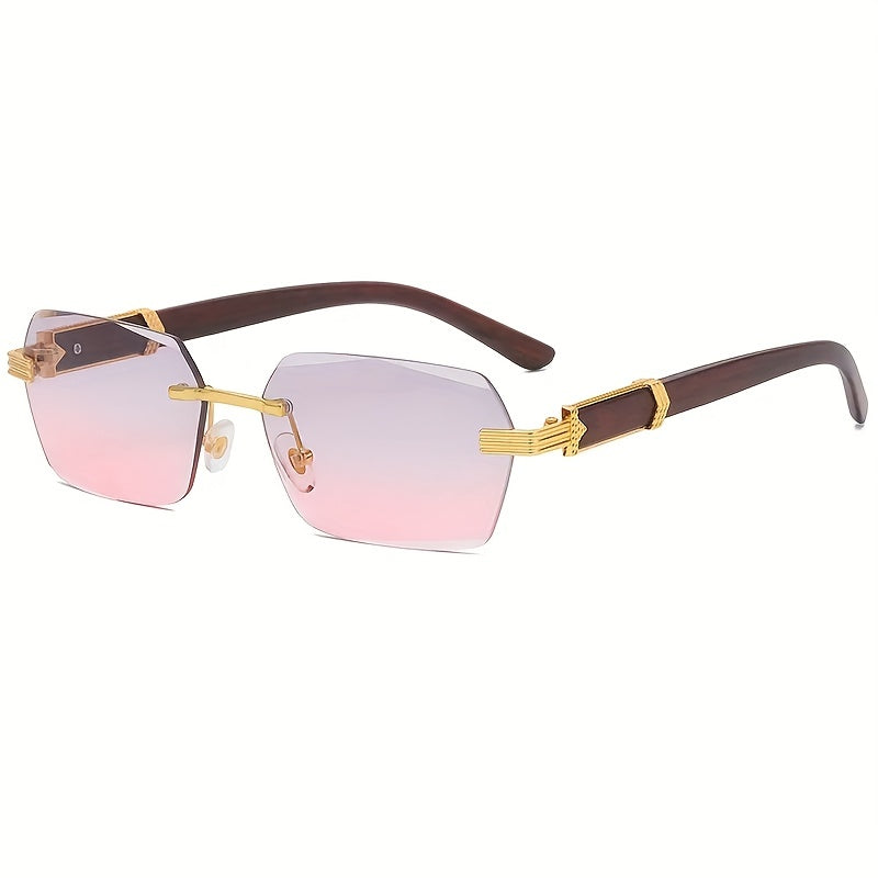 Randlose Sonnenbrille mit Rechteckigen Gläsern und Holzoptik-Bügeln – Verro