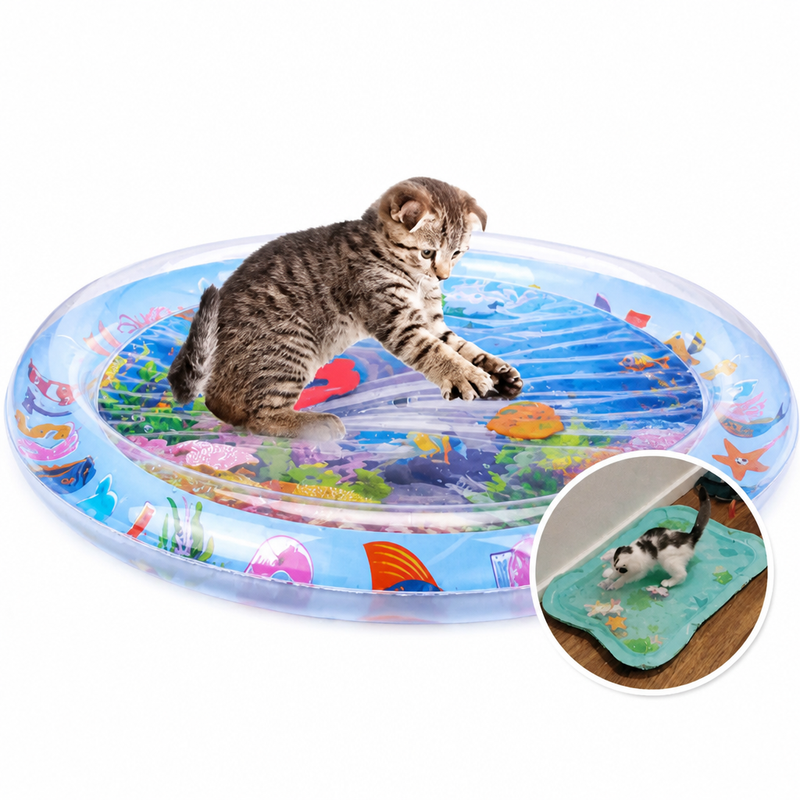 Kitten tikt met zijn poot op de ronde waterspeelmat met drijvende figuurtjes, met een inzetfoto van een kat op een turquoise mat. 6