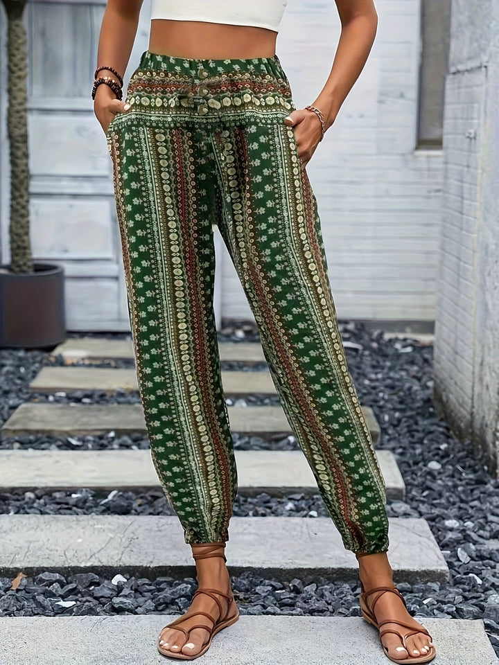 Boho-Hochbund-Damenhose mit Print & raffinierter Taille – Linara