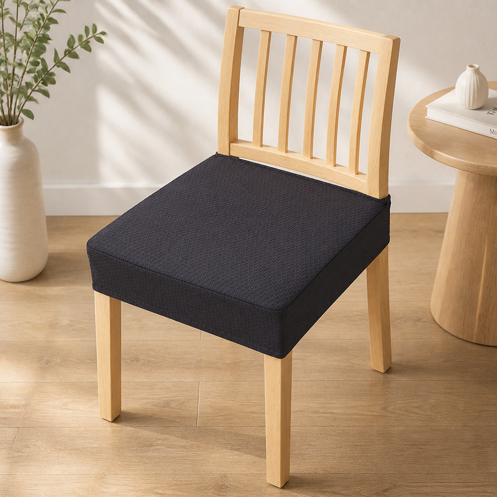 Houten stoel met een donkerblauwe tot zwarte gejacquardde zitting hoes, naast een ronde houten bijzettafel en een vaas. 10