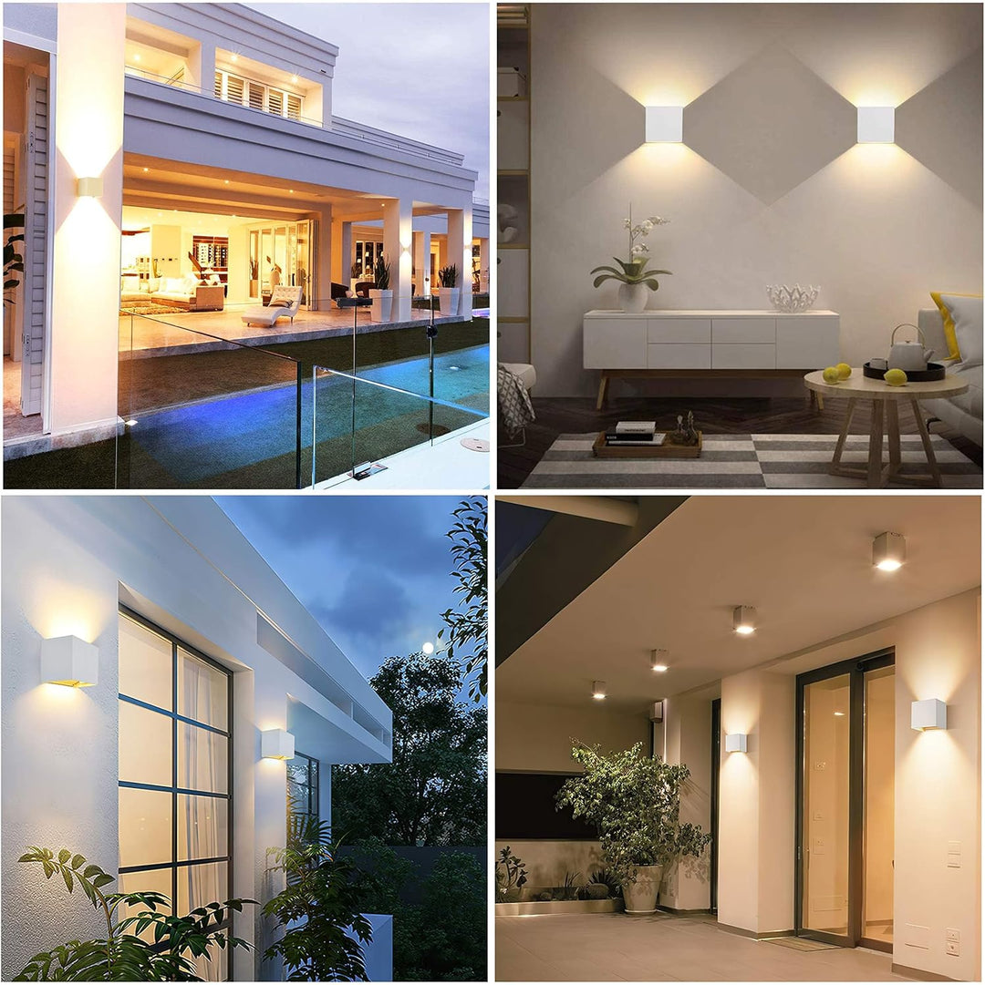 Collage van vier plaatsingen van de witte wandlamp: bij een zwembad, boven een dressoir, op een gevel en onder een overkapping. 15