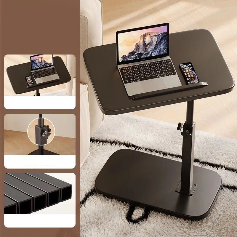 Zwarte laptoptafel met zwart blad en zwarte voet op een hoogpolig kleed, met detailkaders van de stelknop en de stalen buizen. 5
