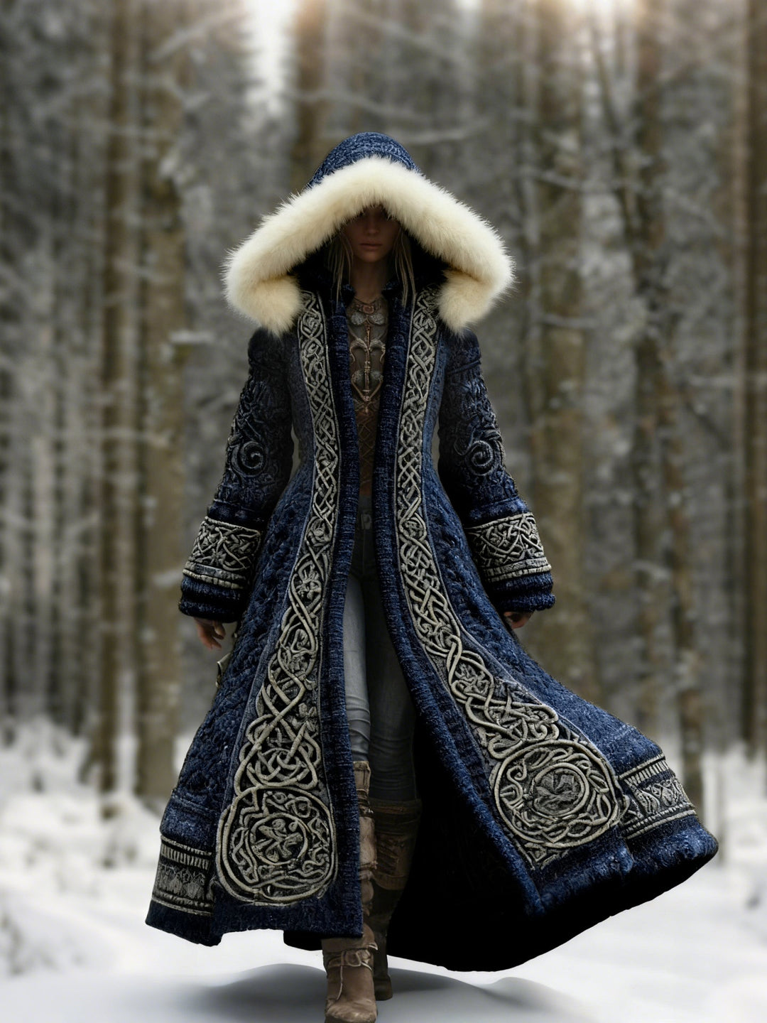 Dezelfde jas in donkerblauw, gedragen door een model in het besneeuwde bos, met bewerkte voorpanden en mouwboorden 2