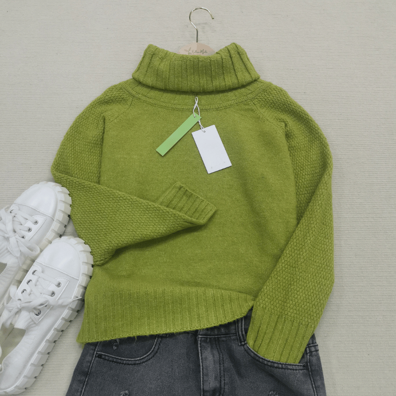 Grasgrüner Oversized Gestrickter Damenrollkragenpullover - Nora