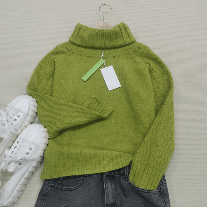Grasgrüner Oversized Gestrickter Damenrollkragenpullover - Nora