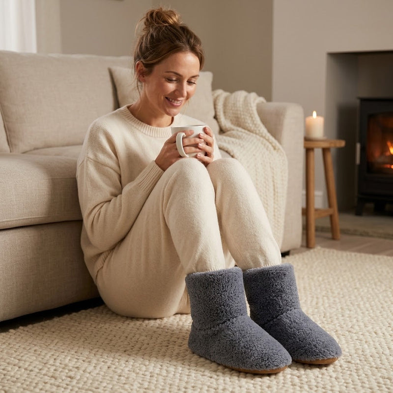 Lachende vrouw zit op de vloer tegen de bank met een kop thee en draagt grijze pluizige pantoffels. 4