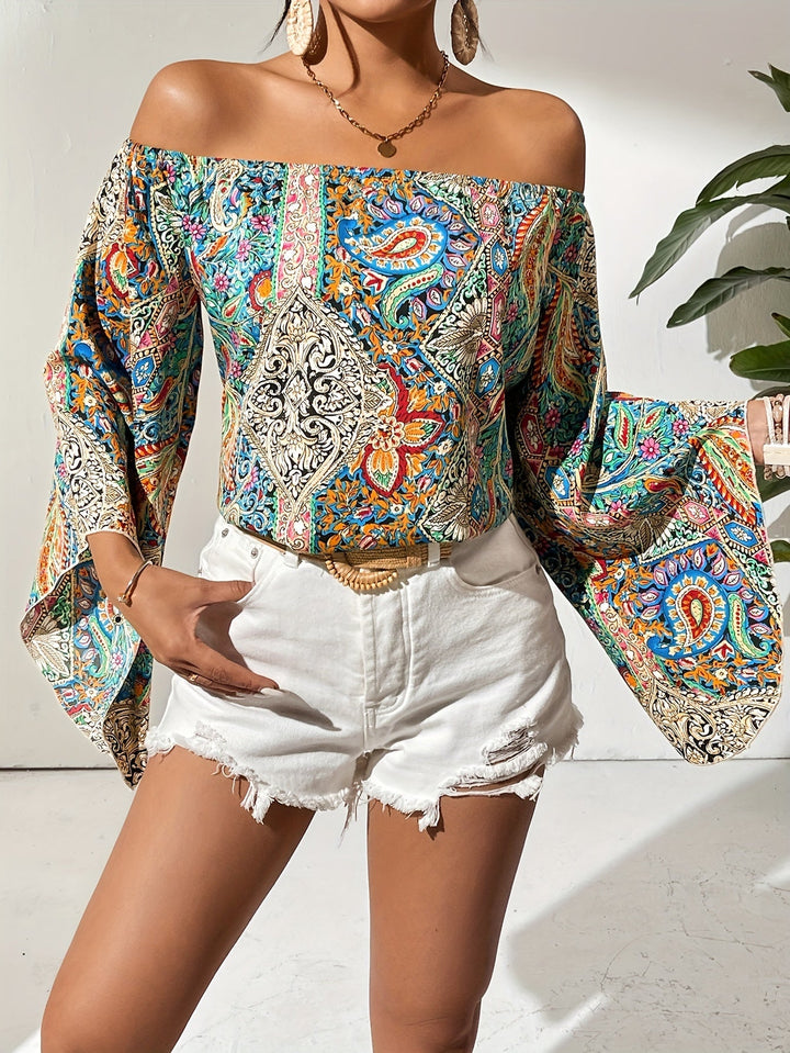 Blouse à épaules dénudées avec imprimé géométrique – Noémie