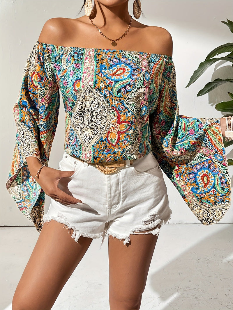 Blouse à épaules dénudées avec imprimé géométrique – Noémie