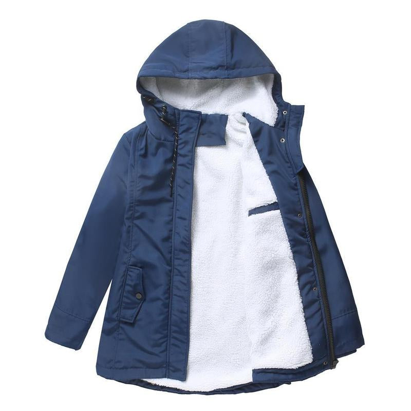 Blauwe parka open neergelegd, met de witte fleecevoering en capuchon met trekkoord zichtbaar 7