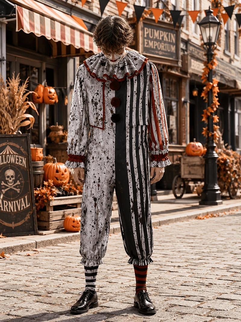 Model in grijs-zwart gestreept clownspak met bloedspatprint en rode pompons, van top tot teen en frontaal gefotografeerd op een herfstachtige straat. 1