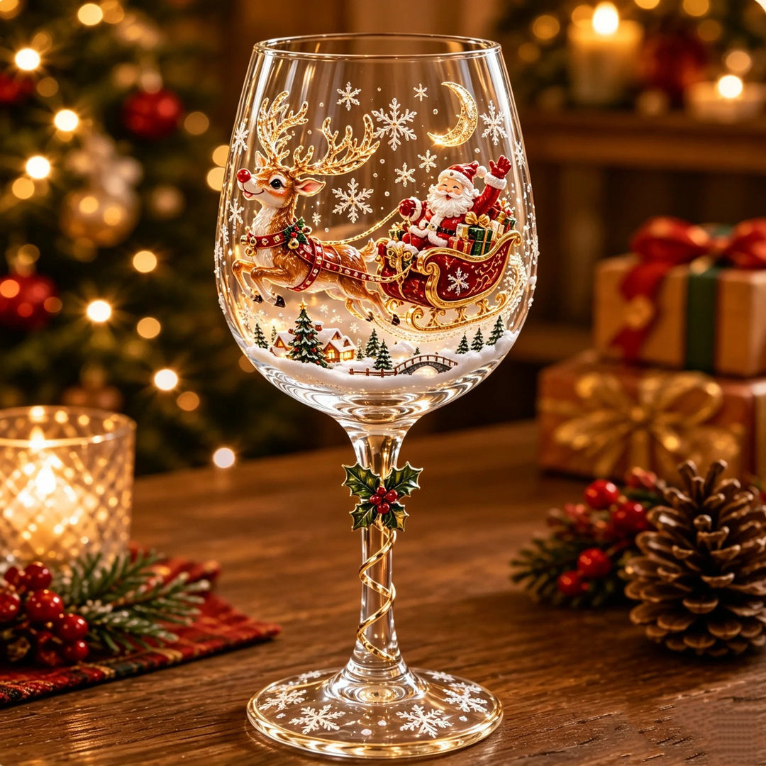 Wijnglas met 3D-afbeelding van de kerstman in een slee getrokken door een rendier boven een besneeuwd dorpje 3