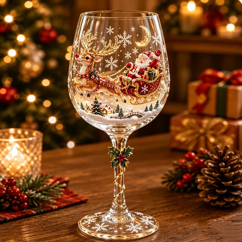 Wijnglas met 3D-afbeelding van de kerstman in een slee getrokken door een rendier boven een besneeuwd dorpje 3