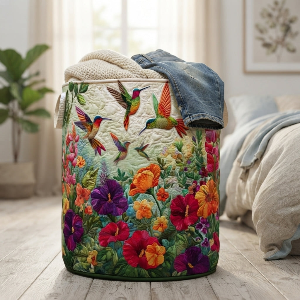 Mand op een houten vloer in de slaapkamer, gevuld met een gebreide trui en een spijkerbroek, met kolibries en bloemen. 4