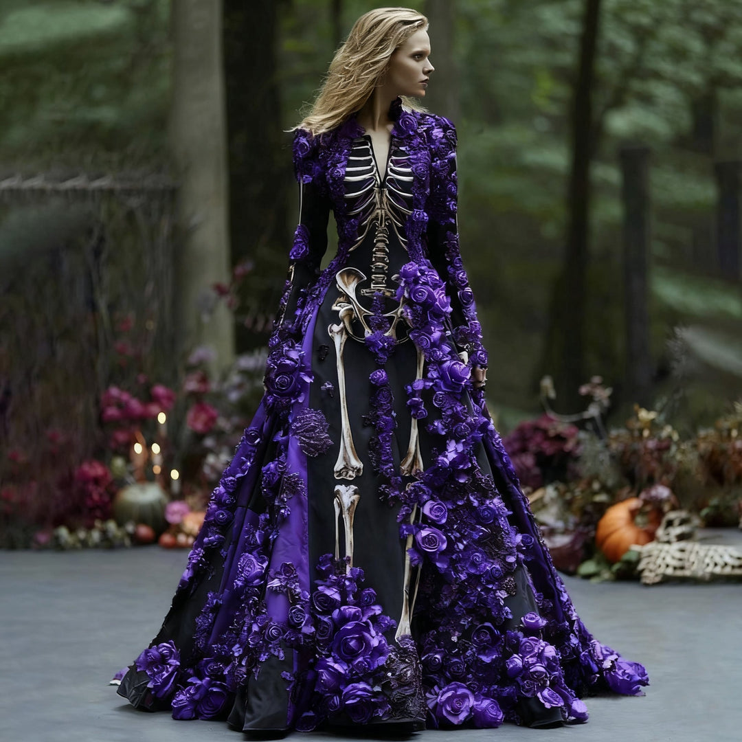 Model draagt de lange skeletjurk met paarse 3D-bloemen op zwarte stof, in een bos met kaarsen en pompoenen. 6
