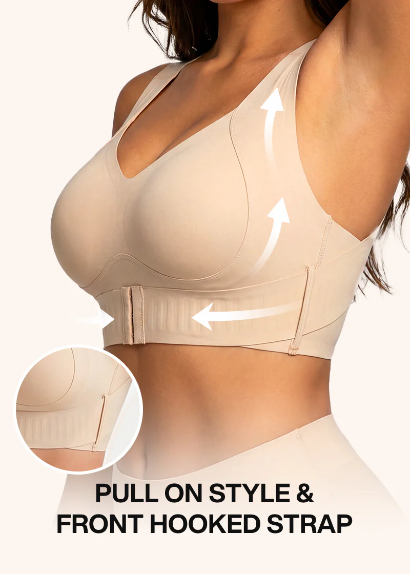 Model met opgeheven arm toont de beige beha, pijlen geven de opwaartse lift en voorsluiting met haakjes aan. 7