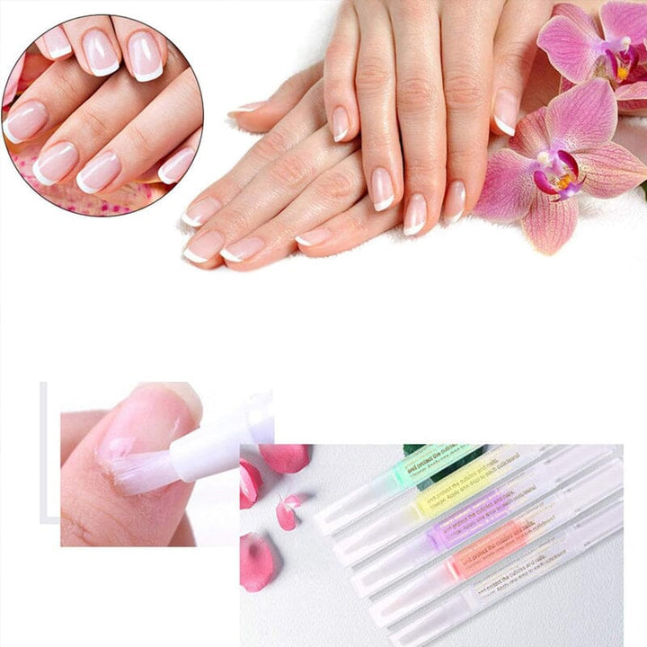 Verzorgde handen met witte nageltoppen naast orchideeƫn, een penseel op een nagelriem en zes gekleurde pennen 10