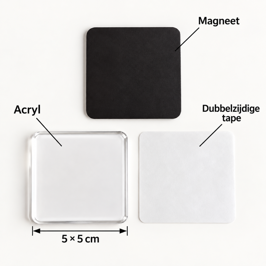 Onderdelen van een vierkante magneet naast elkaar: zwarte magneet, heldere acryl en dubbelzijdige tape 8