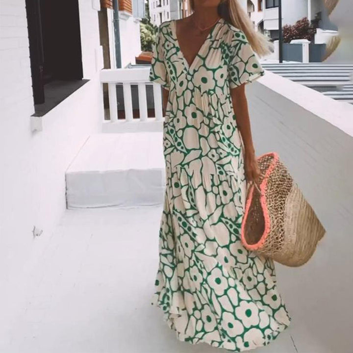 Grünes Maxikleid mit kurzen Ärmeln und Print – Elisa