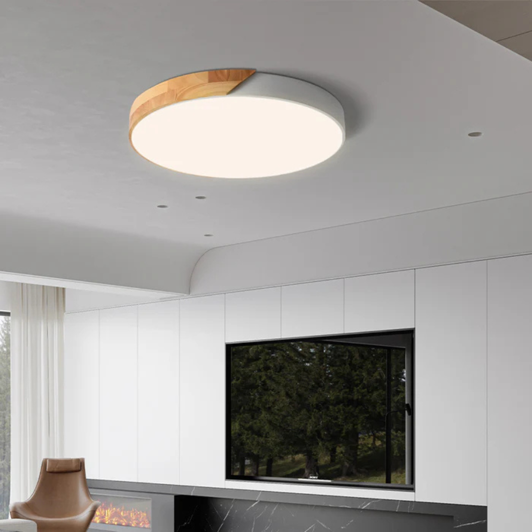 Ronde plafondlamp met witte rand en houten deel boven een witte wandkast met televisie 6
