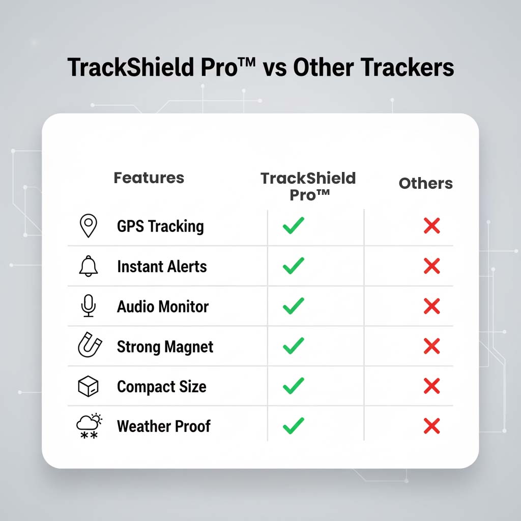 Vergelijkingstabel met zes kenmerken waarbij deze tracker overal een vinkje krijgt en andere trackers een rood kruis. 4