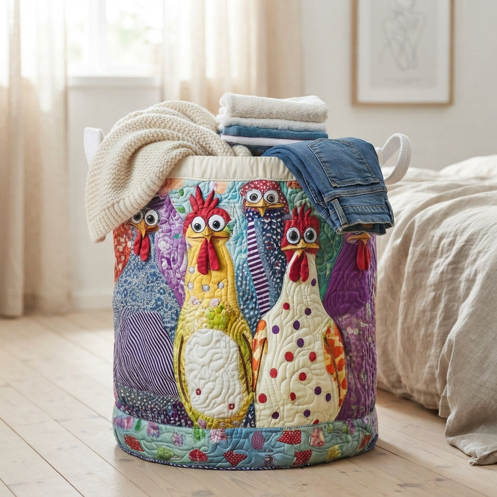 Vrijstaande mand met een gebreid vest, handdoeken en een spijkerbroek erin, op een houten vloer naast een bed. 5