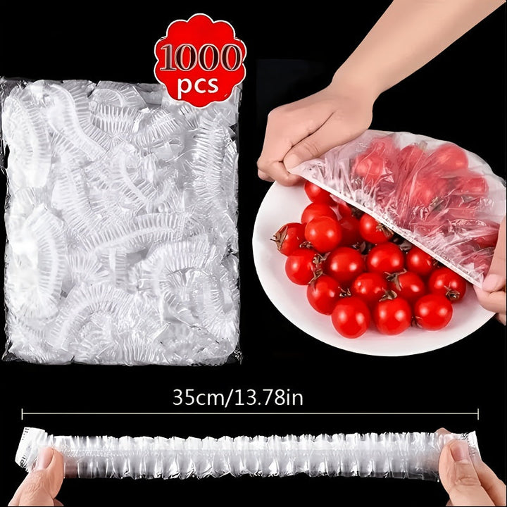 Zak met transparante deksels, een hand die een deksel over een bord tomaten trekt en een uitgerekt deksel van 35 cm. 4
