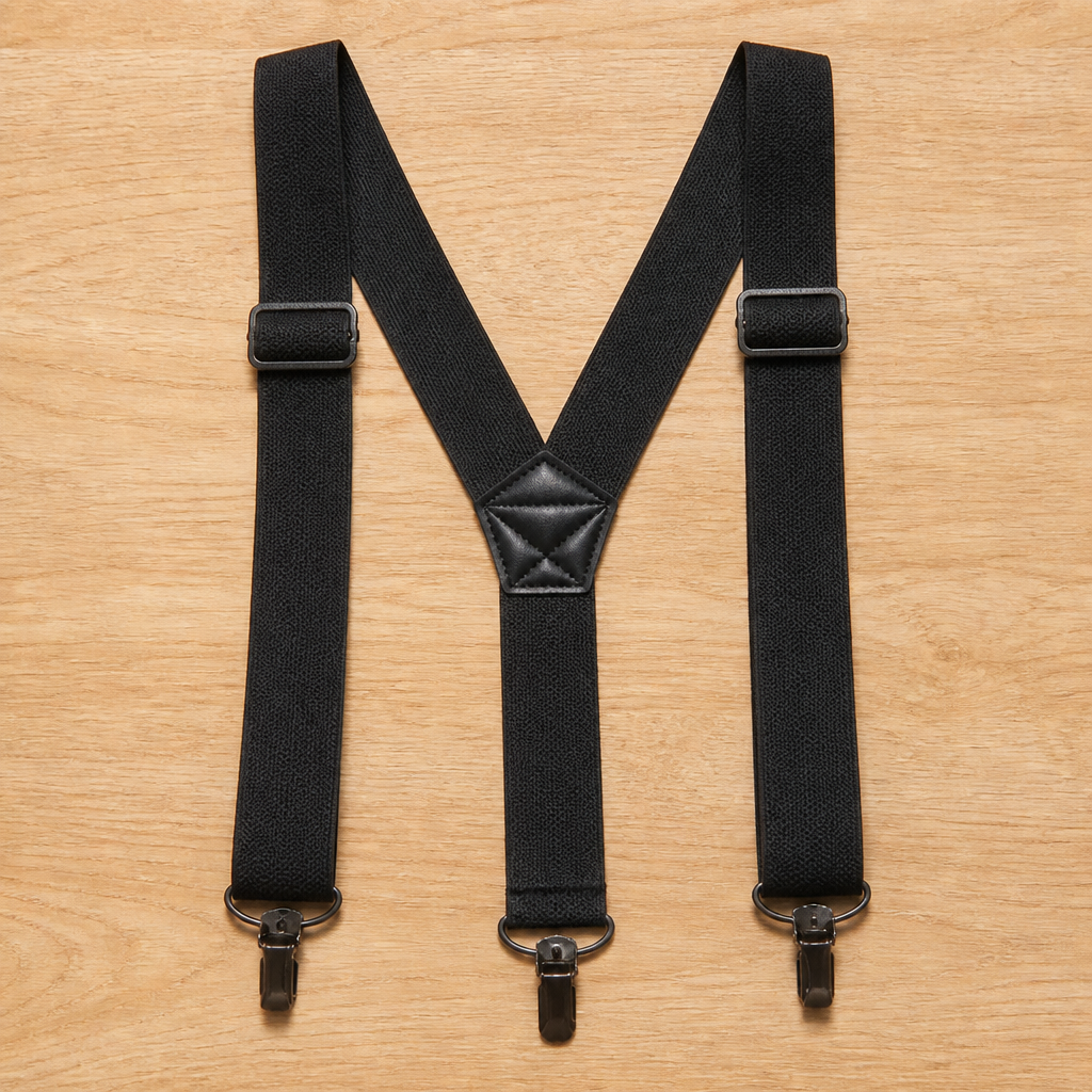 Zwarte Y-bretels met drie metalen clips, verstelbare schuiven en een gestikt kunstleren middenstuk op een houten tafel. 7
