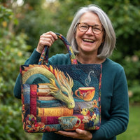 Lachende vrouw met grijs haar en bril houdt de gewatteerde totebag met draak, boeken en theekopjes aan een van de hengsels omhoog. 2