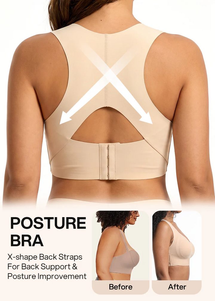 Achterkant van de beige beha met witte kruispijlen die de X-vormige rugband tonen, plus voor-en-na-foto van de houding. 15