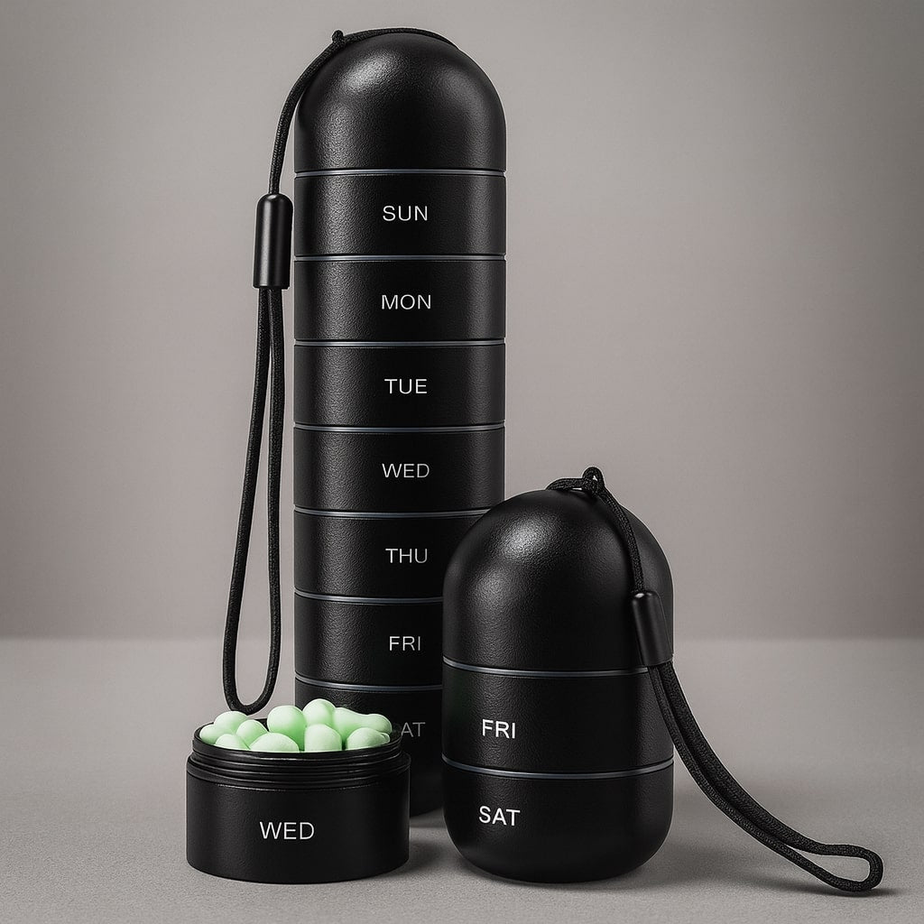Zwarte pillendoos met draagkoord, volledig gestapeld naast een korte stapel en een los vakje met lichtgroene tabletten. 3