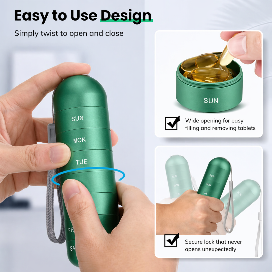 Groene pillendoos wordt met twee handen gedraaid om te openen, met close-ups van het brede vakje met capsules en het slot. 4