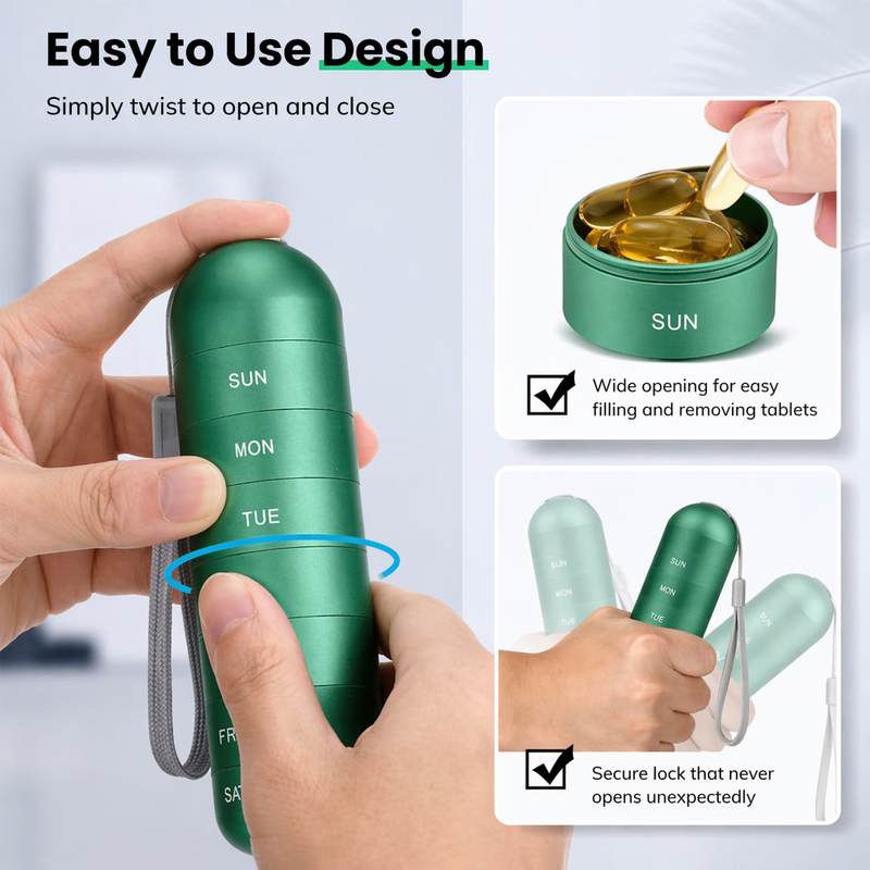 Groene pillendoos wordt met twee handen gedraaid om te openen, met close-ups van het brede vakje met capsules en het slot. 4
