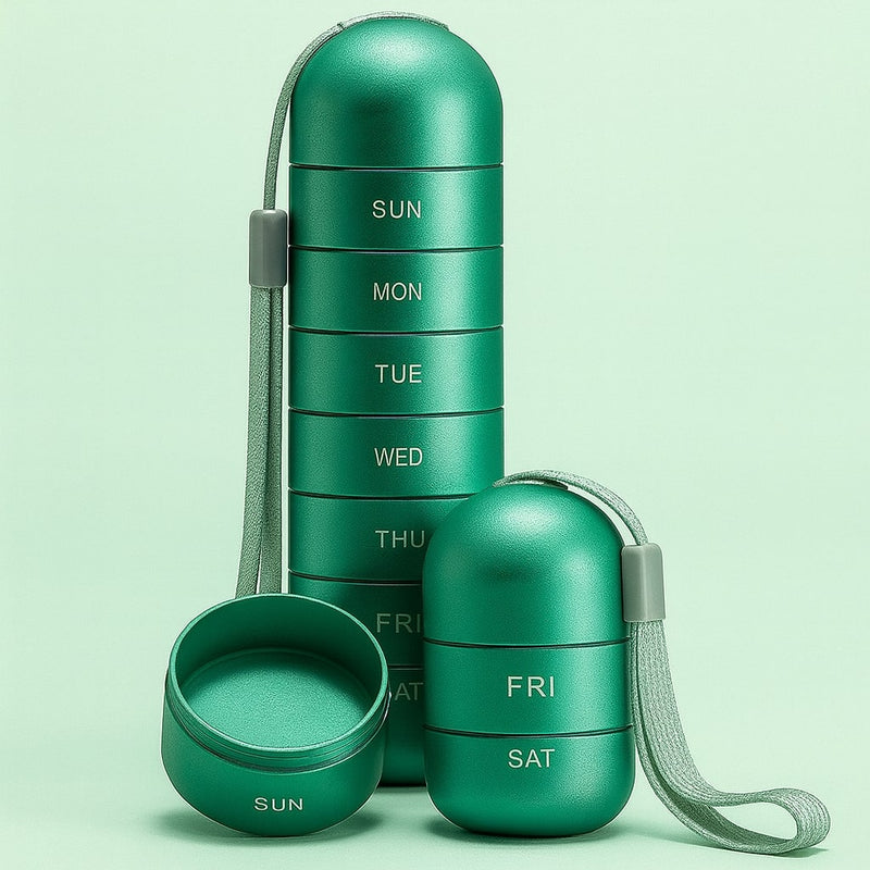 Groene aluminium pillendoos met draagkoord, hoge stapel naast een korte stapel en een los, leeg vakje op lichtgroene achtergrond. 5