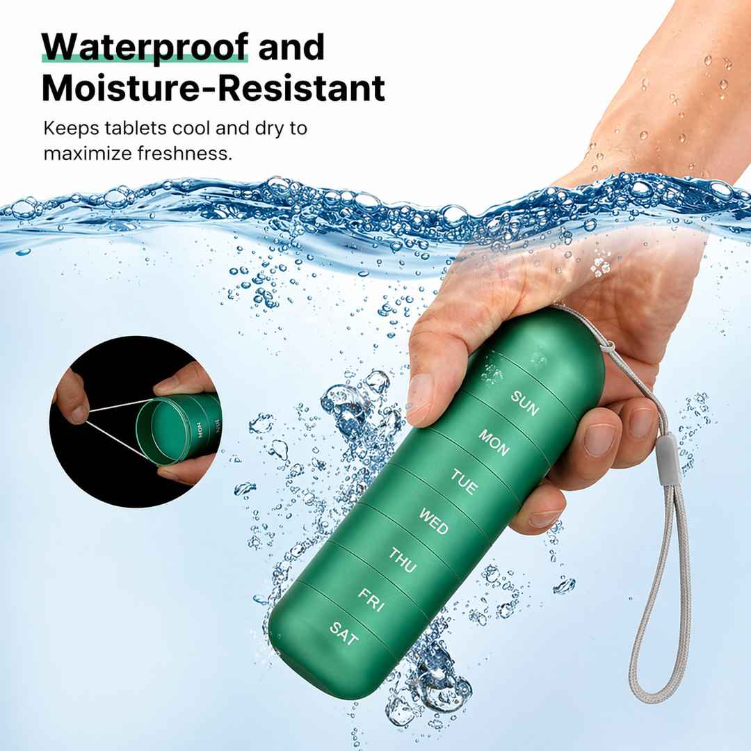 Groene pillendoos wordt in een hand onder water gehouden om te laten zien dat hij waterdicht is, met inzet van de rubberen afdichtring. 6